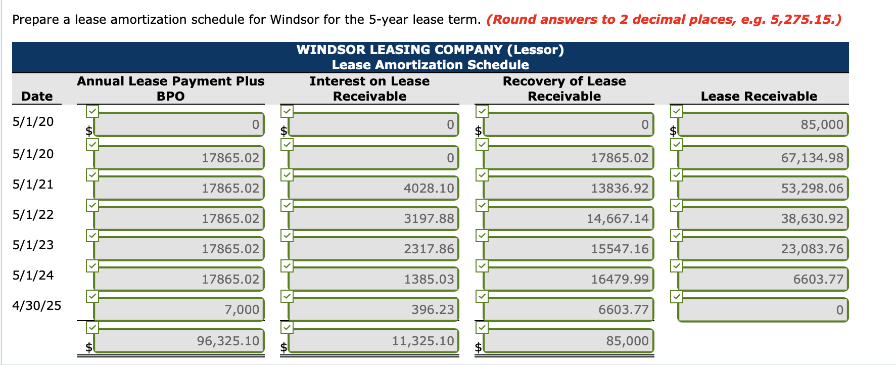 I need help!! Prepare a lease amortization schedule for Windsor for the