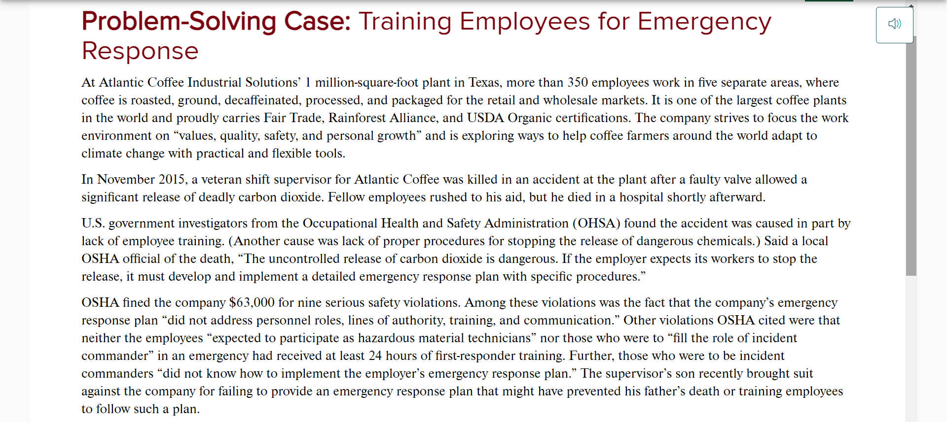 Problem-Solving Case: Training Employees for Emergency Response At Atlantic Coffee Industrial