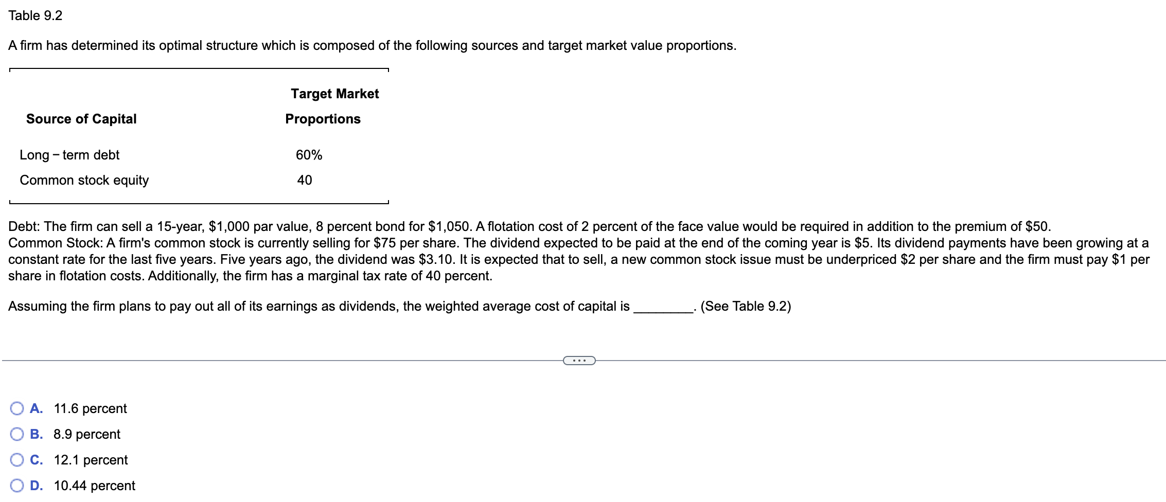 Table 9.2 A firm has determined its optimal structure which is composed