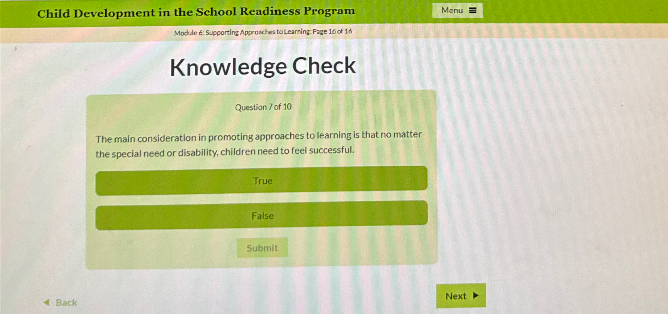  Child Development in the School Readiness Program Menu Module 6: Supporting