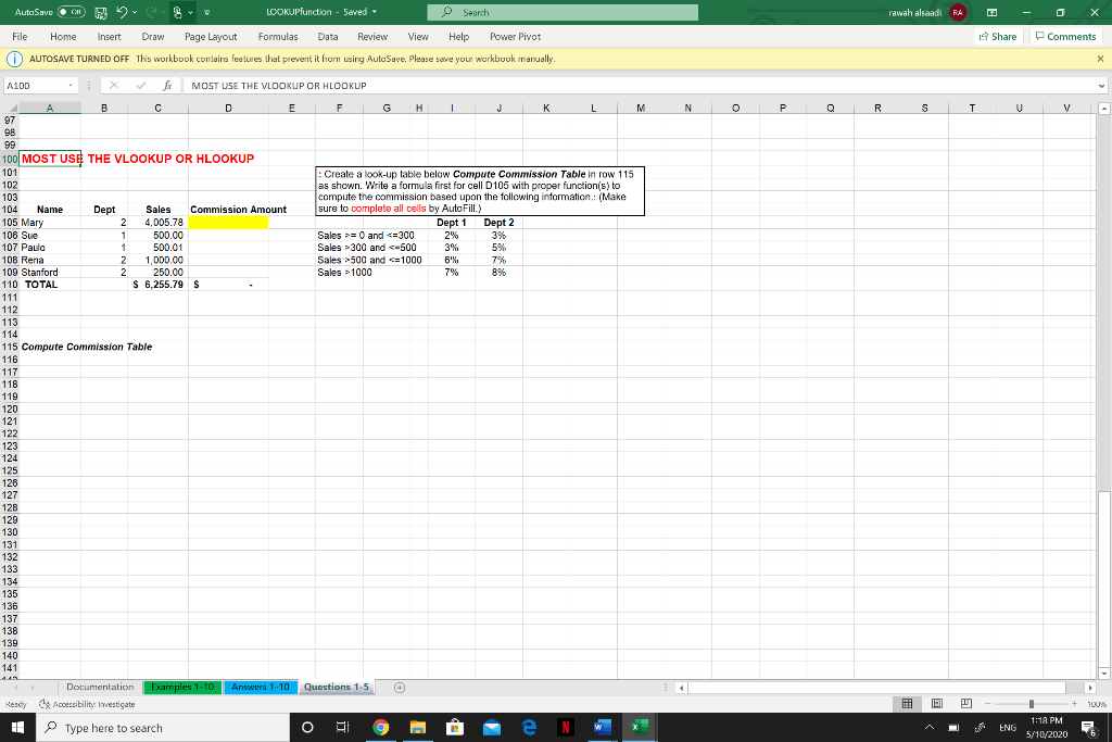  rawah alsaadi RA - O X Comments Share AutoSave CH LOOKUPfunction