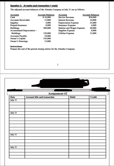 Question 2 (4 marks each transaction 1 mark) The adjusted account