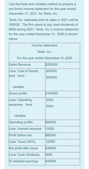  Use the fixed and variable method to prepare a pro forma