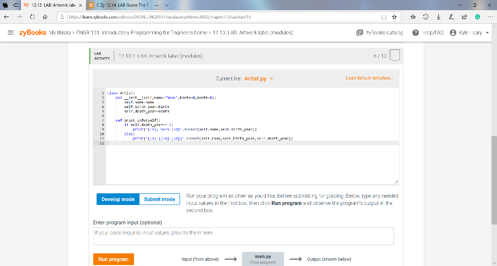 > https://lean.zyliacks.com/zytco DREXELENGR131 Kandasamy Winter 2020/chapter/12/section/13 = zyBooks My library > FNGR