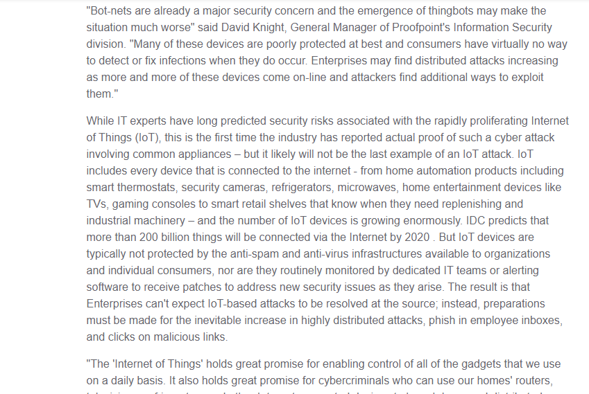 PROOFPOINT UNCOVERS INTERNET OF THINGS CIOT) CYBERATTACK JANUARY 16, 2014 More than