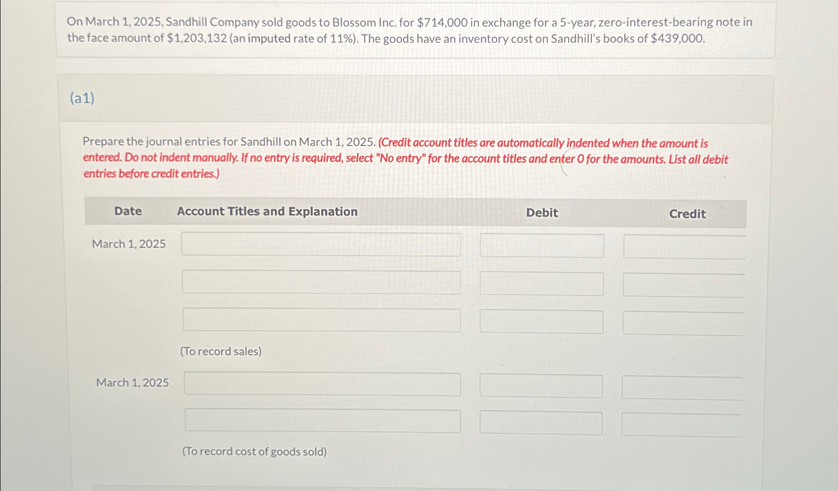  On March 1,2025, Sandhill Company sold goods to Blossom Inc. for