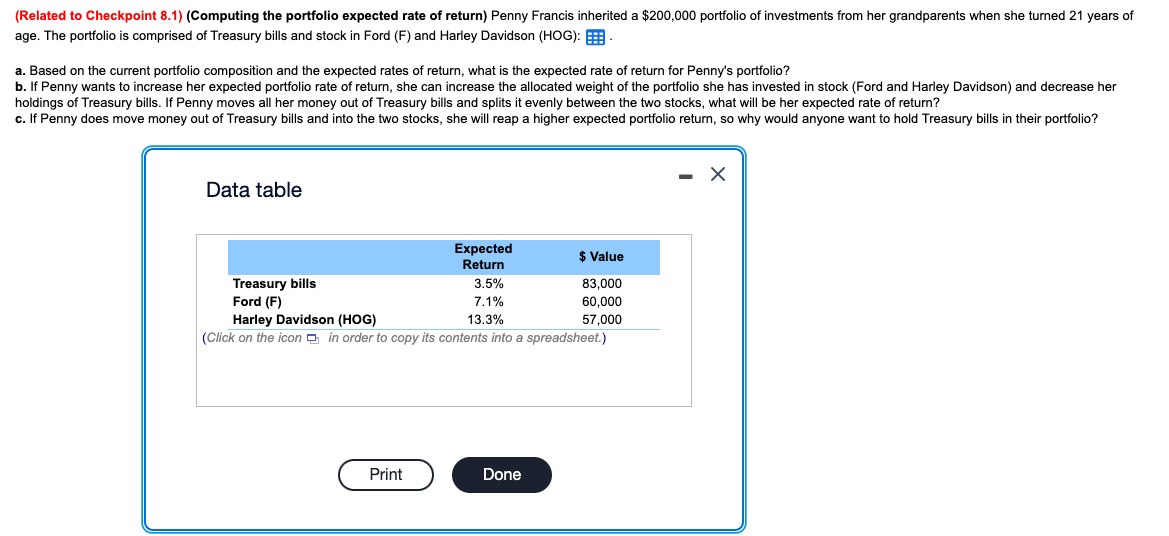 (Related to Checkpoint 8.1 ) (Computing the portfolio expected rate of
