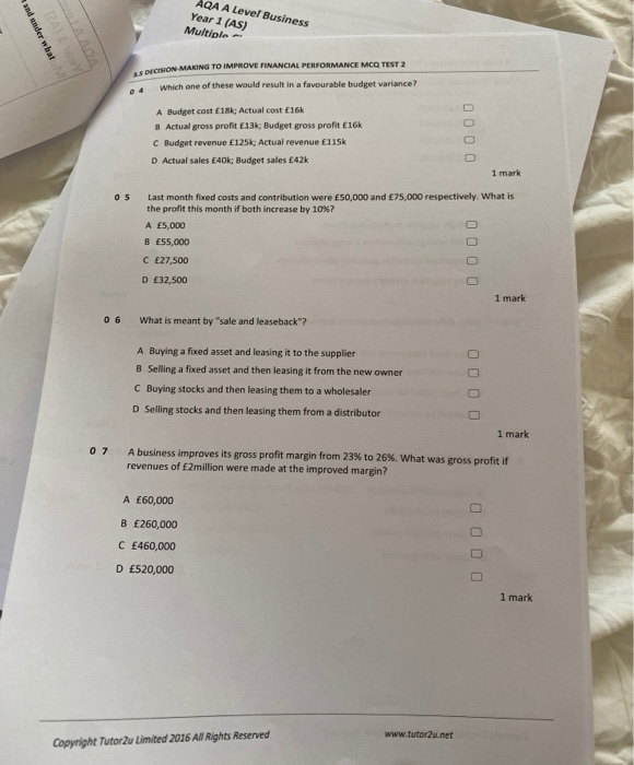  AQA A Level Business Year 1 (AS) Multiple and under what