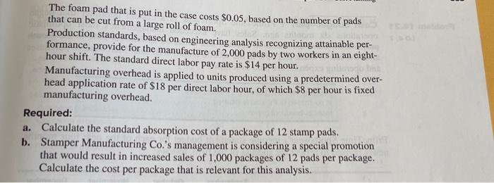 Stamper Manufacturing Co, Lo 9, 10 has assembled the following data about