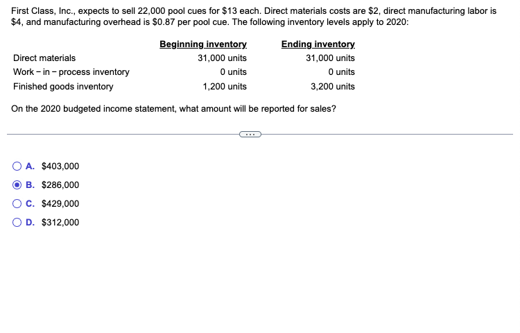  First Class, Inc., expects to sell 22,000 pool cues for $13