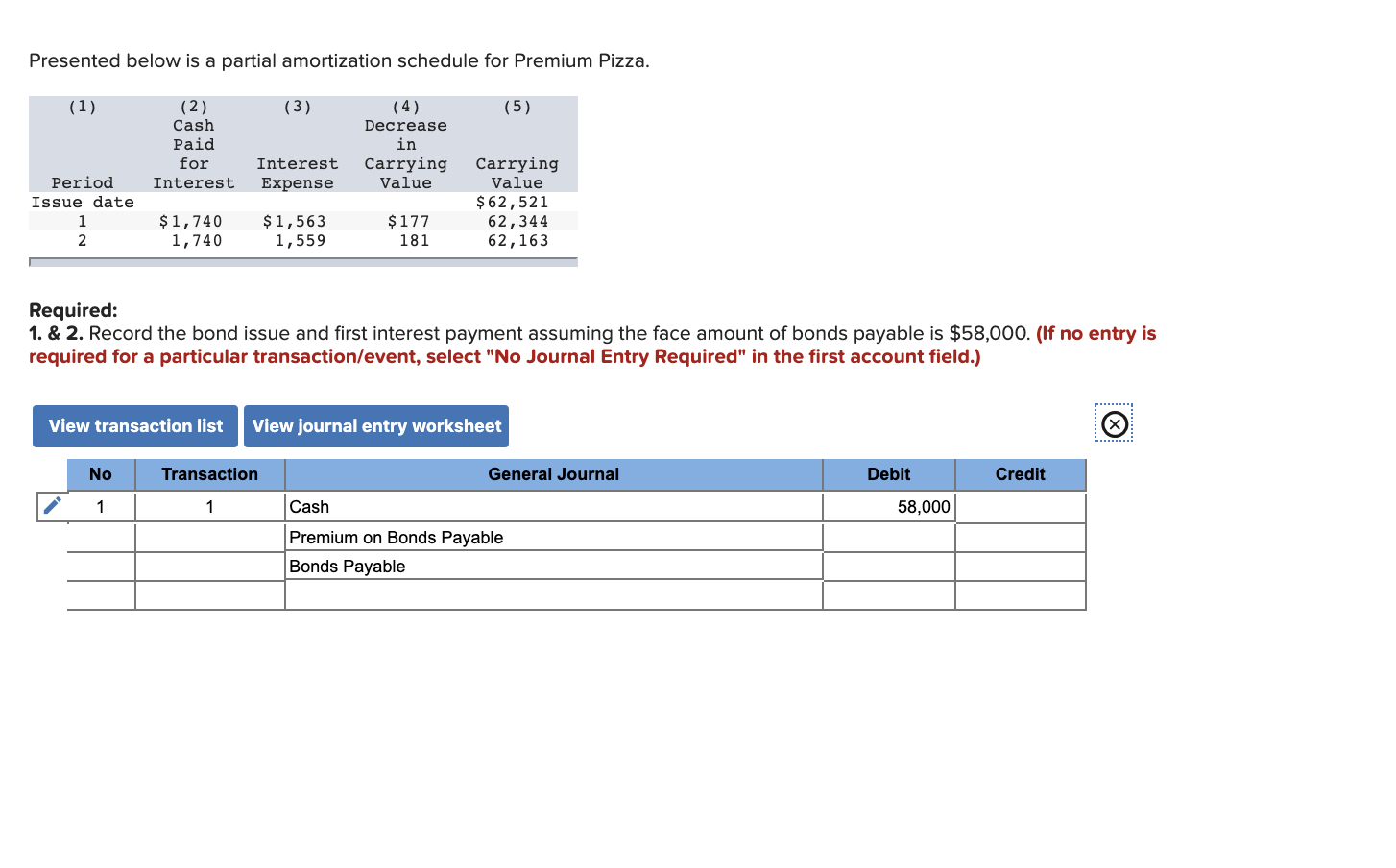  Presented below is a partial amortization schedule for Premium Pizza. (1)
