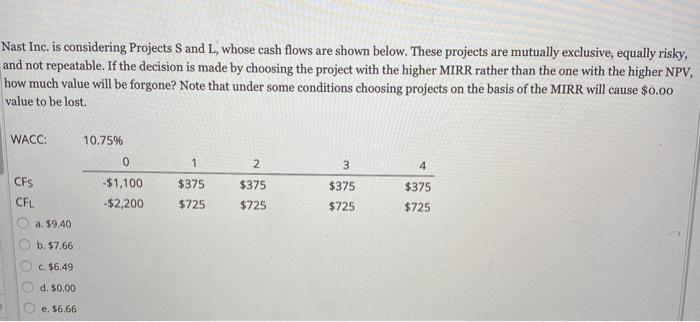  Nast Inc. is considering Projects S and L, whose cash flows