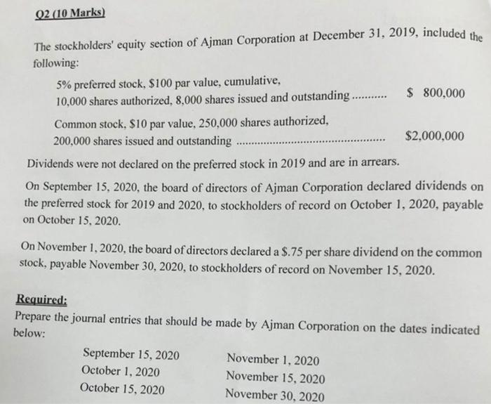 Corporation had the following stockholders' equity accounts on January 1, 2020: Common