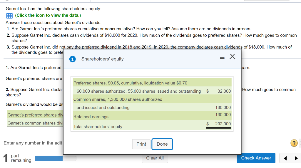 to view the data.) Answer these questions about Garnet's dividends: 1. Are
