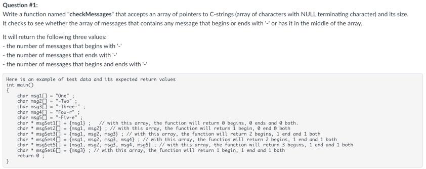  Question \#1: Write a function named "checkMessages" that accepts an array