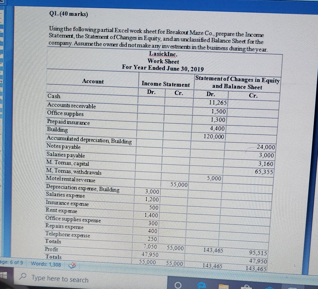  Q1.(40 marks) Using the following partial Excel work sheet for Breakout