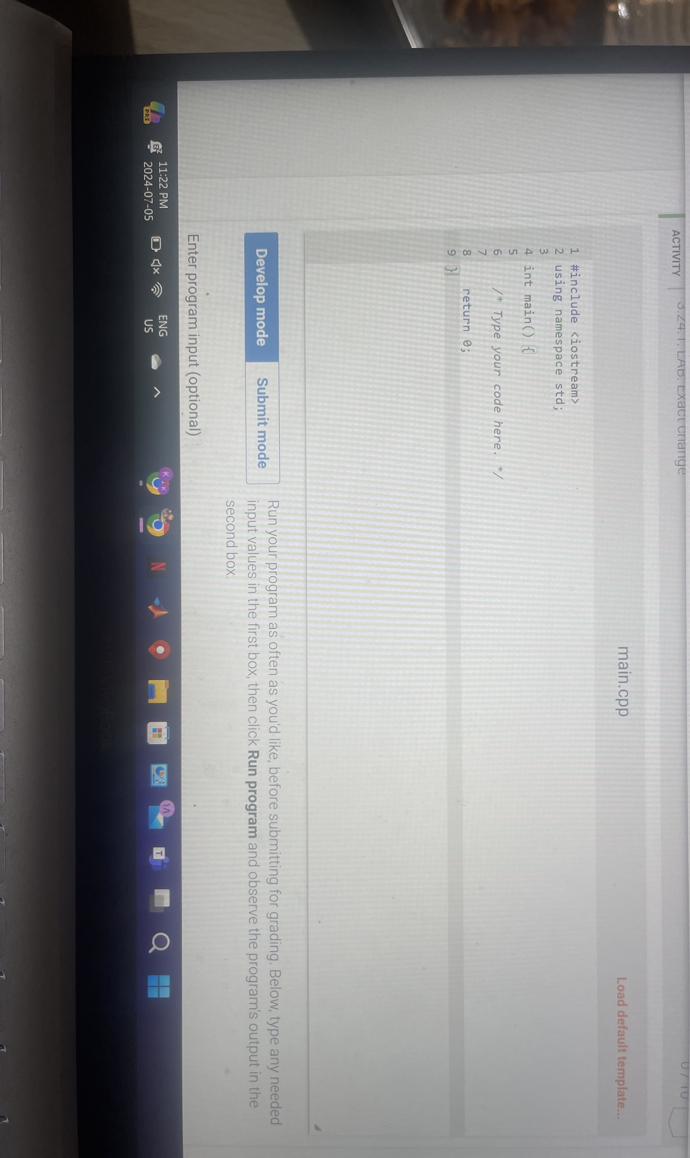  3.24 LAB: Exact change Write a program with total change amount
