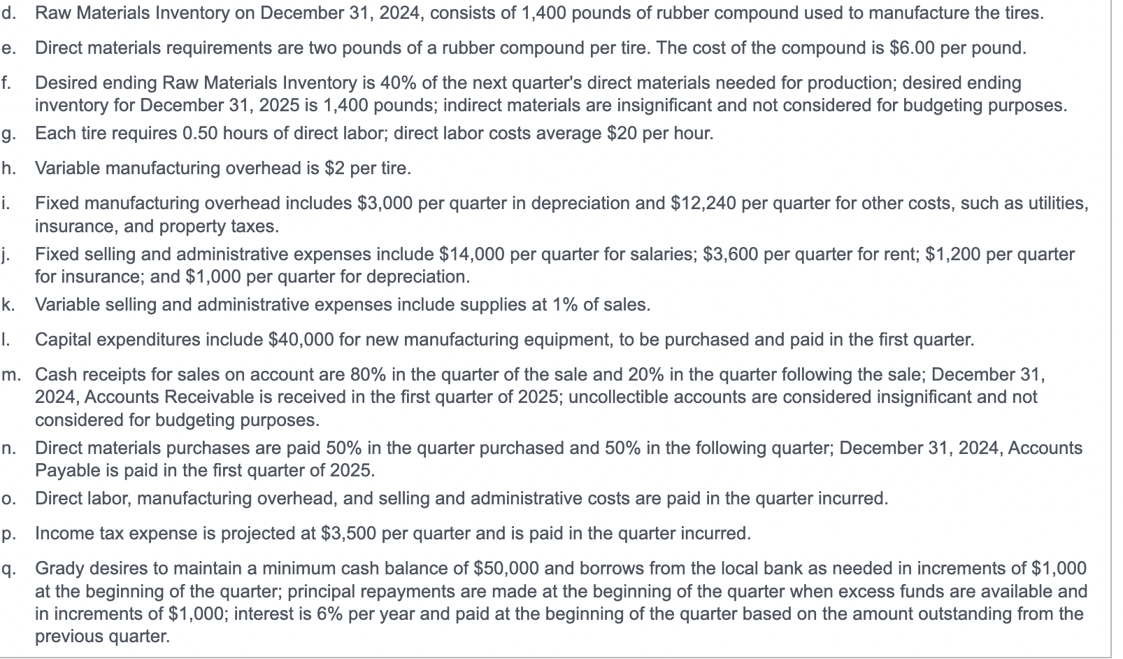 the tires. e. Direct materials requirements are two pounds of a rubber