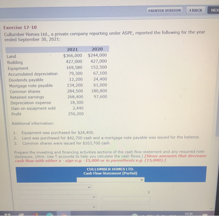  PRINTER VERSION (BACK NEX Exercise 17-10 Cullumber Homes Ltd., a private