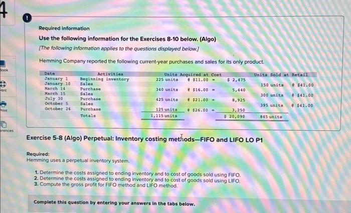 Required information Use the following information for the Exercises 810 below.