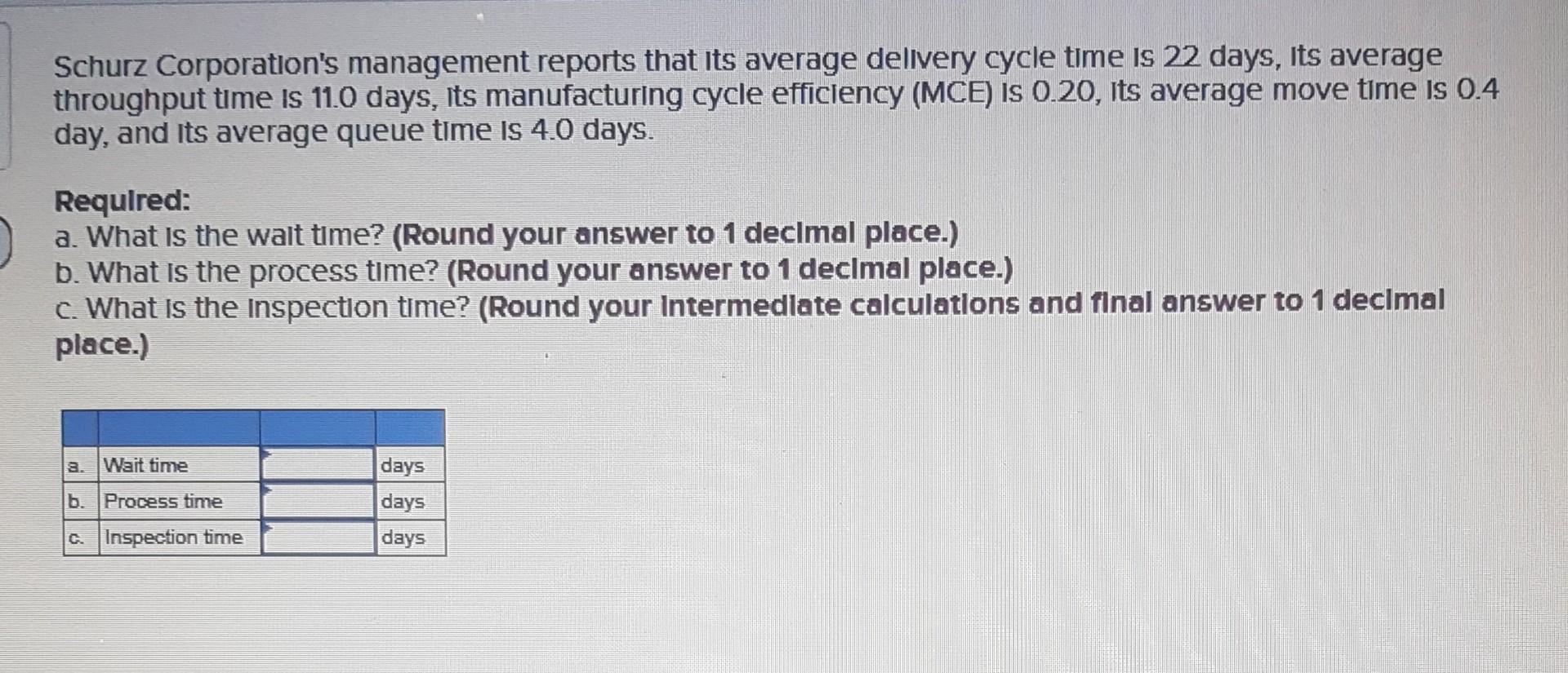  Schurz Corporation's management reports that its average delivery cycle time is
