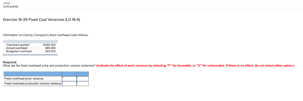  value: 2.00 points Exercise 16-39 Fixed Cost Variances (LO 16-6) Information