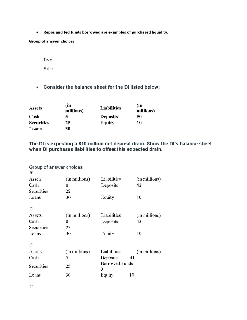  Repos and fed funds borrowed are examples of purchased liquidity, Group