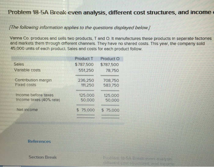  Problem 18-5A Brea-even analysis, different cost structures, and income [The following