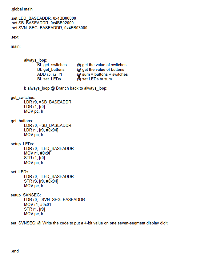 binary addition of the on-board buttons and switches to the on-board LEDs.