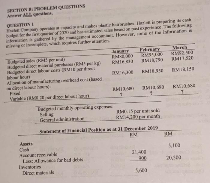  SECTION B: PROBLEM QUESTIONS Answer ALL questions. QUESTION 1 Hazlett Company