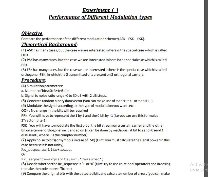  Experimento Performance of Different Modulation types Obiective: Compare the performance of