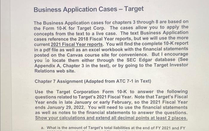  Business Application Cases - Target The Business Application cases for chapters