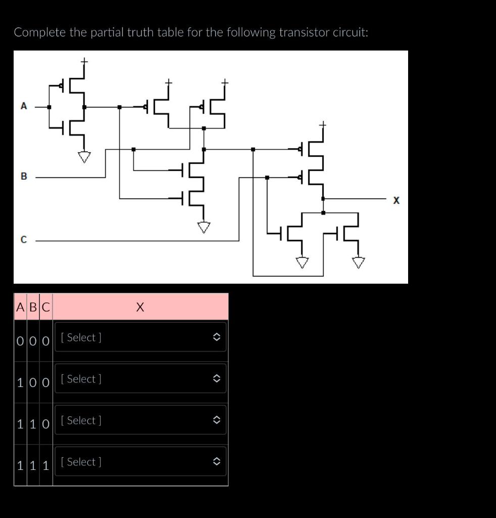 Complete the partial truth table for the following transistor circuit