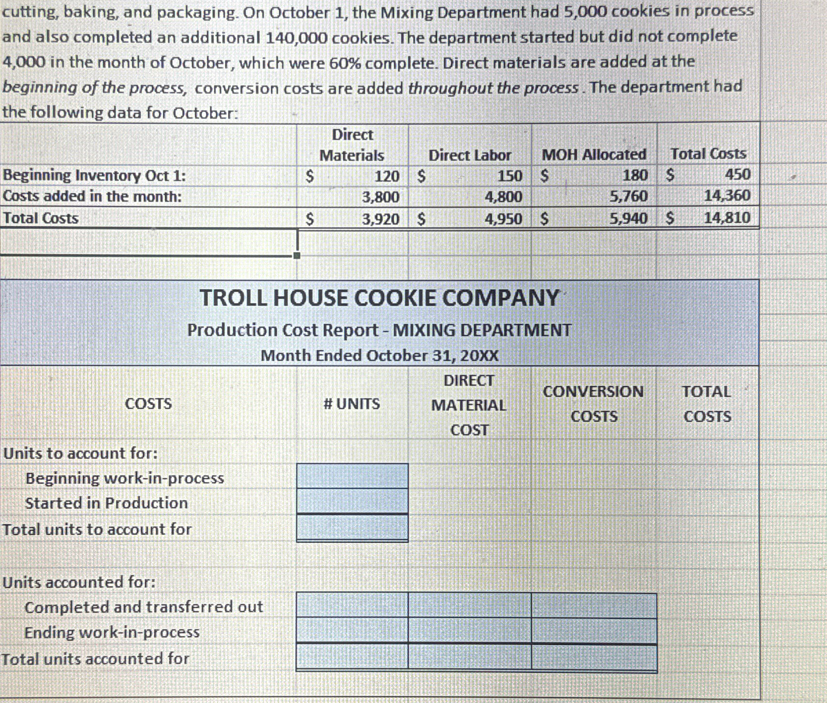  cutting, baking, and packaging. On October 1, the Mixing Department had