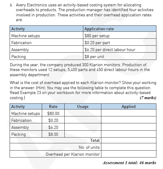  6 Avery Electronics uses an activity-based costing system for allocating overheads