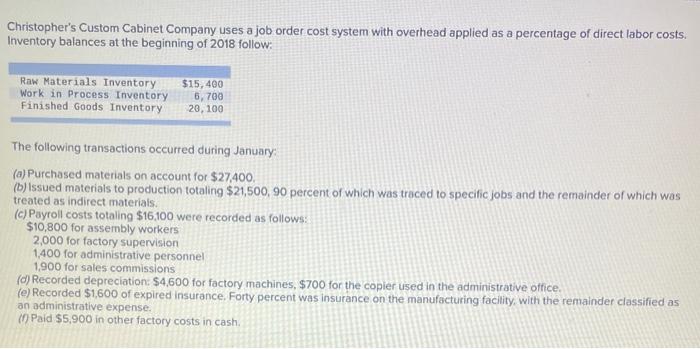 i need help with finished goods inventory ! Christopher's Custom Cabinet Company