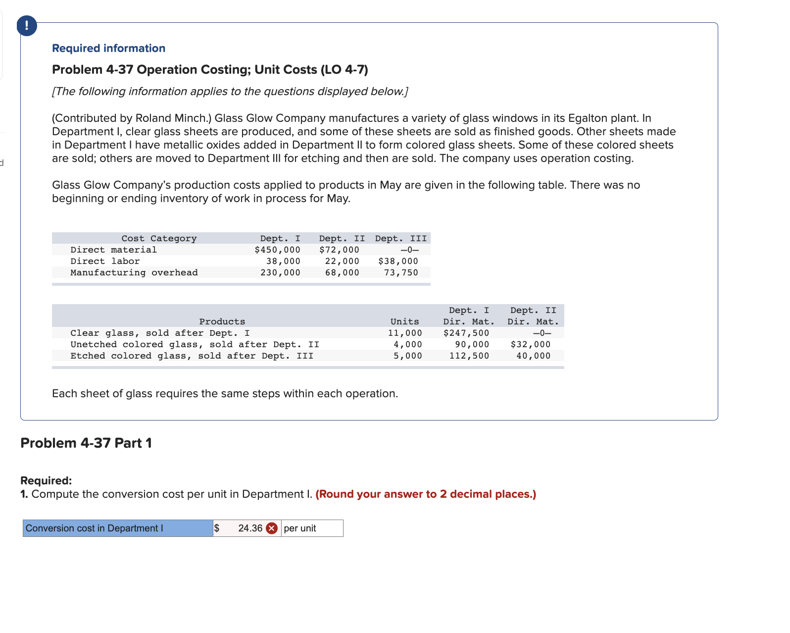 Required information Problem 4-37 Operation Costing; Unit Costs (LO 4-7) [The