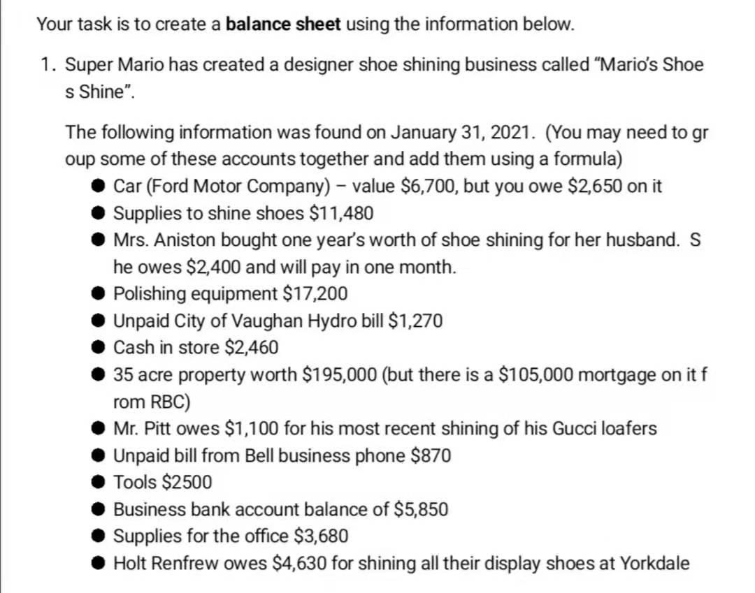 Your task is to create a balance sheet using the information