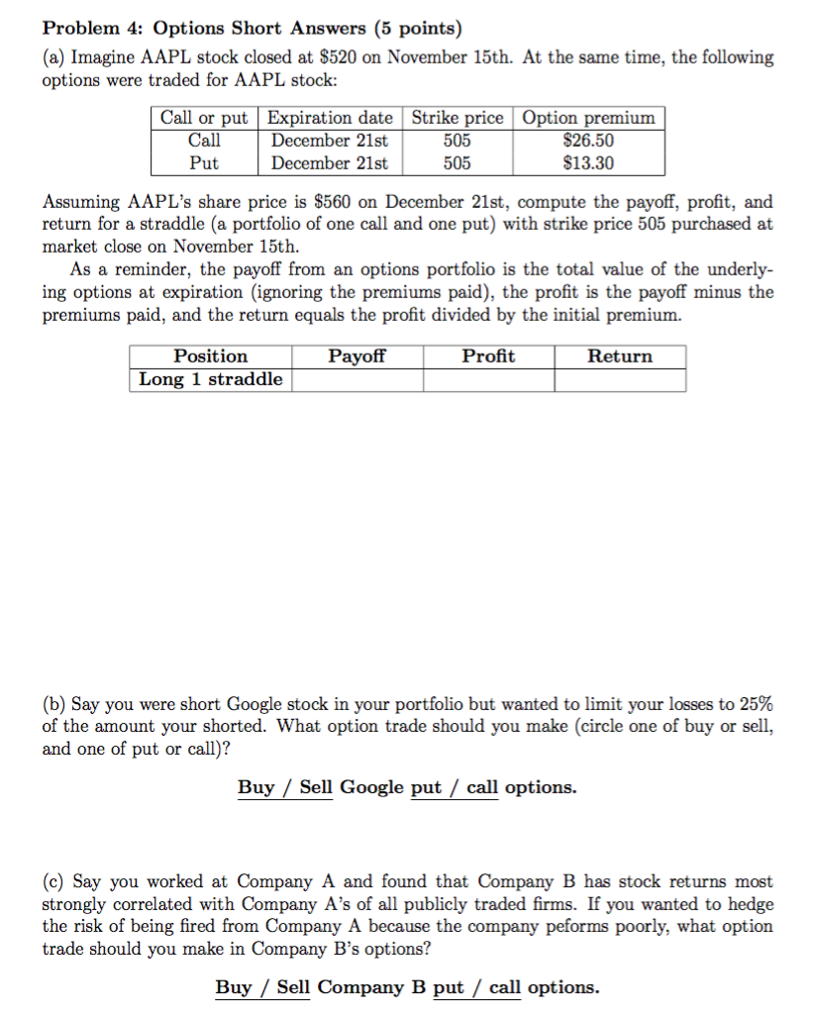  Problem 4: Options Short Answers (5 points) (a) Imagine AAPL stock