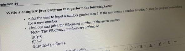  Puestion 44 Write a complete java program that perform the following