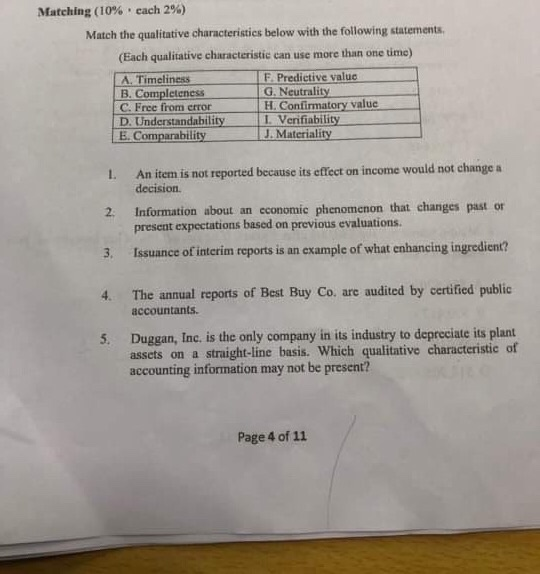  Matching (10% . each 2%) Match the qualitative characteristics below with