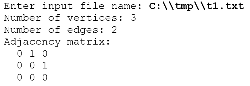 in an input file into an adjacency matrix format. Your program should