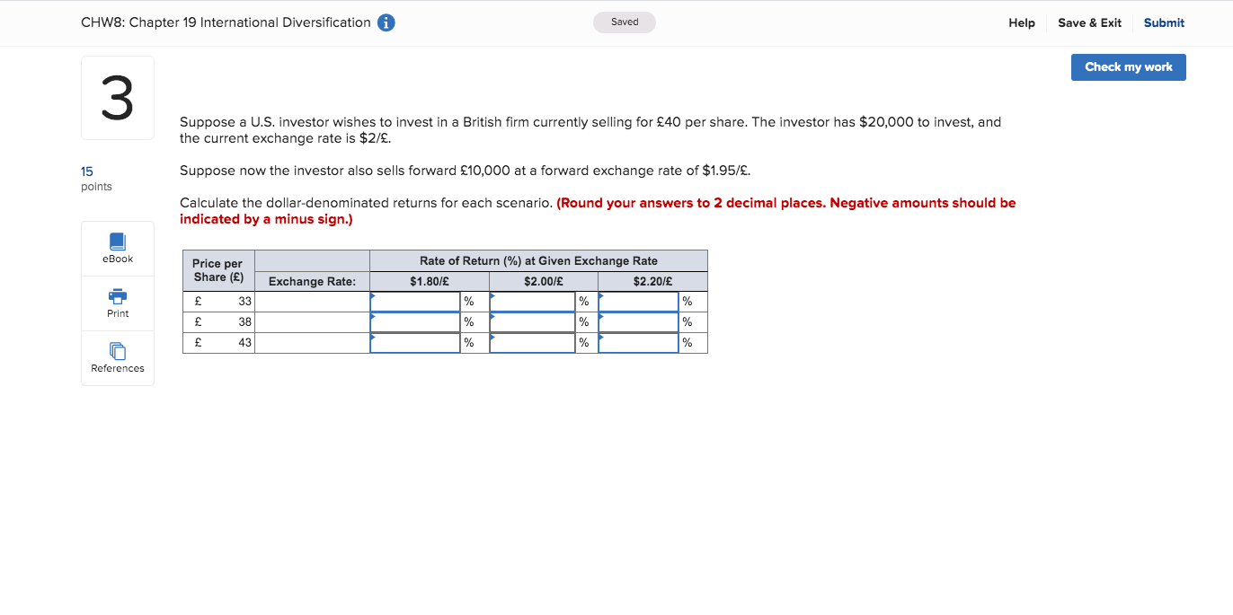  CHW8: Chapter 19 International Diversification Saved Help Save & Exit Submit