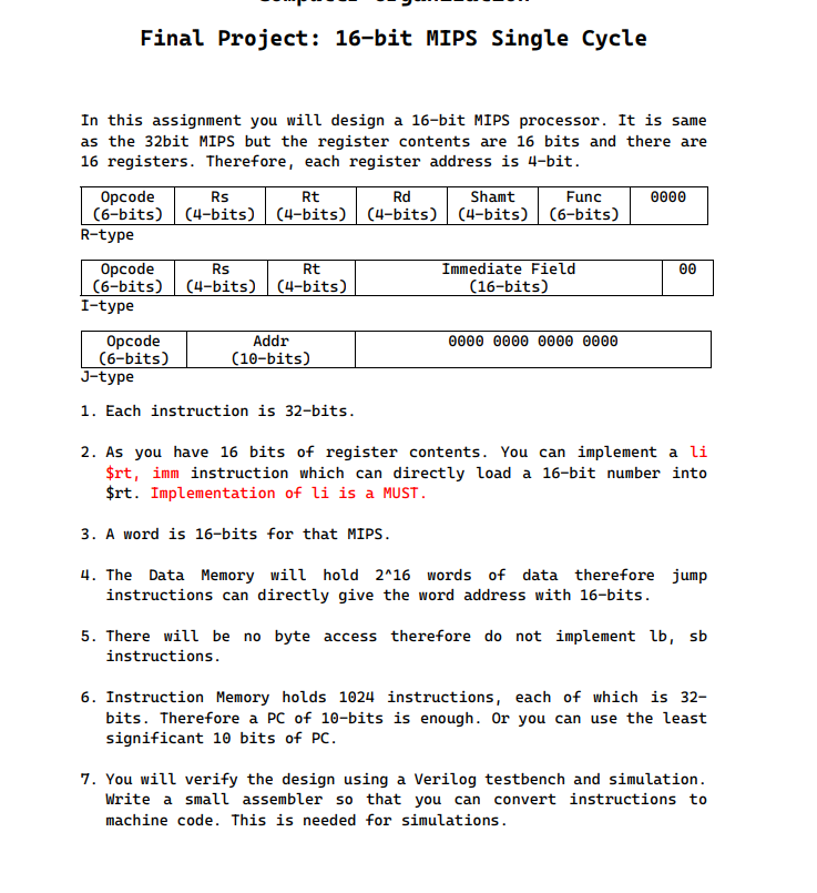 Can you do this using Quartus? Thank you Final Project: 16-bit MIPS