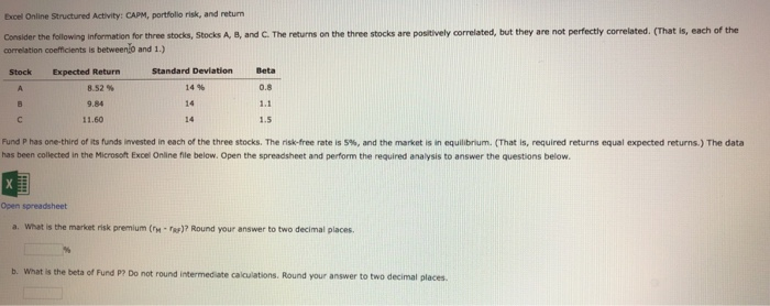  Excel Online Structured Activity: CAPM, portfollo risk, and retunm Consider the