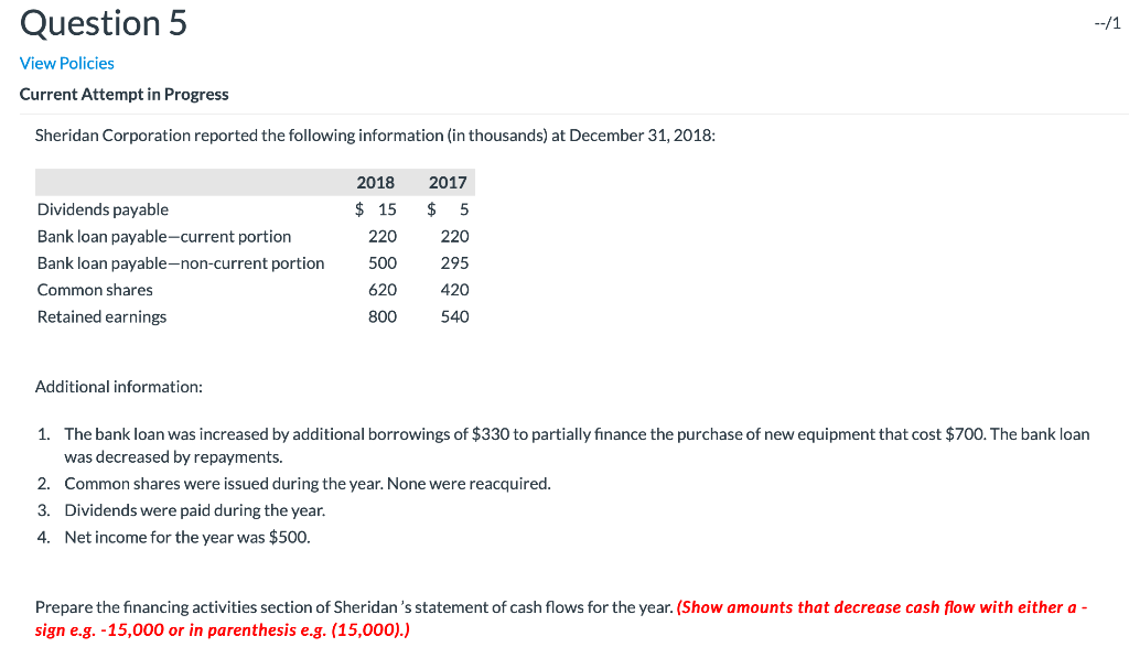  --/1 Question 5 View Policies Current Attempt in Progress Sheridan Corporation