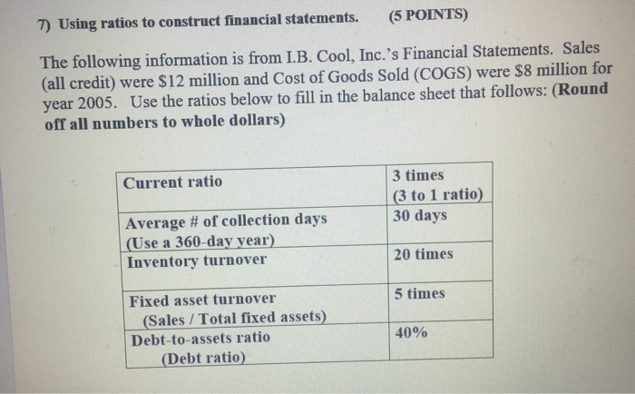  7) Using ratios to construct financial statements. (5 POINTS) The following