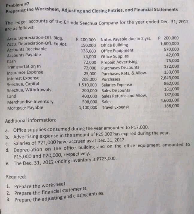  Problem #7 Preparing the Worksheet, Adjusting and Closing Entries, and Financial