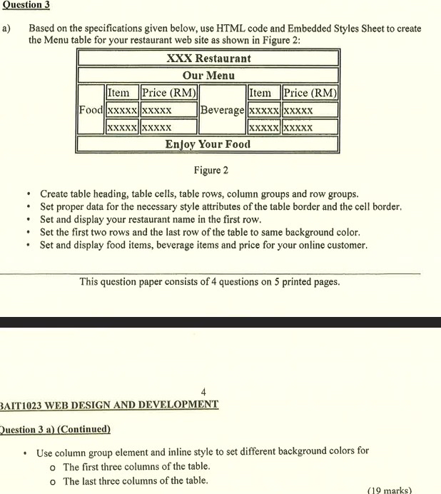  Question 3 a) Based on the specifications given below, use HTML
