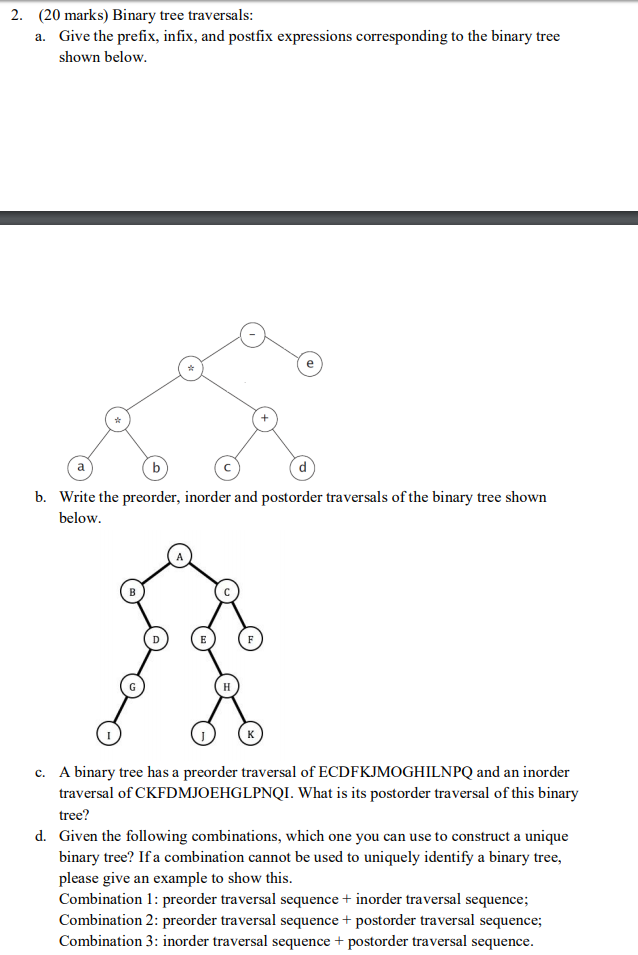 2. (20 marks) Binary tree traversals: Give the prefix, infix, and